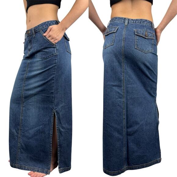 Vintage Y2K 90s Low Rise Grunge Slit Side Denim Maxi Skirt By Unionbay Size 5 - Picture 1 of 14